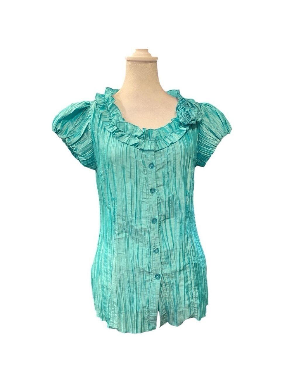 HARVE BENARD M shortsleeved micro pleated turquoise green/blue shimmer top